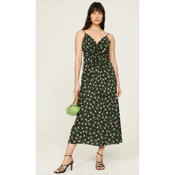 B51 Sandro Midi Dress Womens 6 Paola Floral Ruched  Ethereal Swiftie  Coquette - Picture 1 of 10